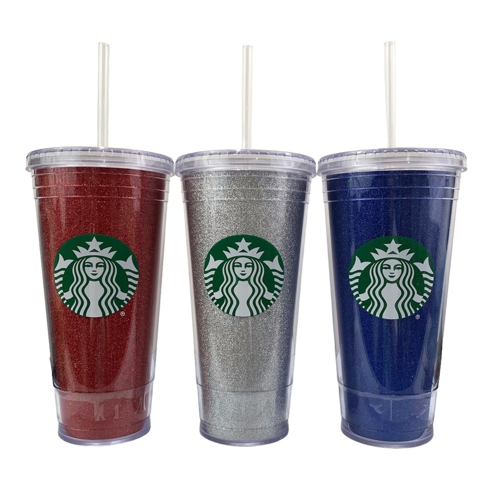 Starbucks Summer 4th of July Red Silver Blue Sparkle Glitter 20 fl oz Tumblers